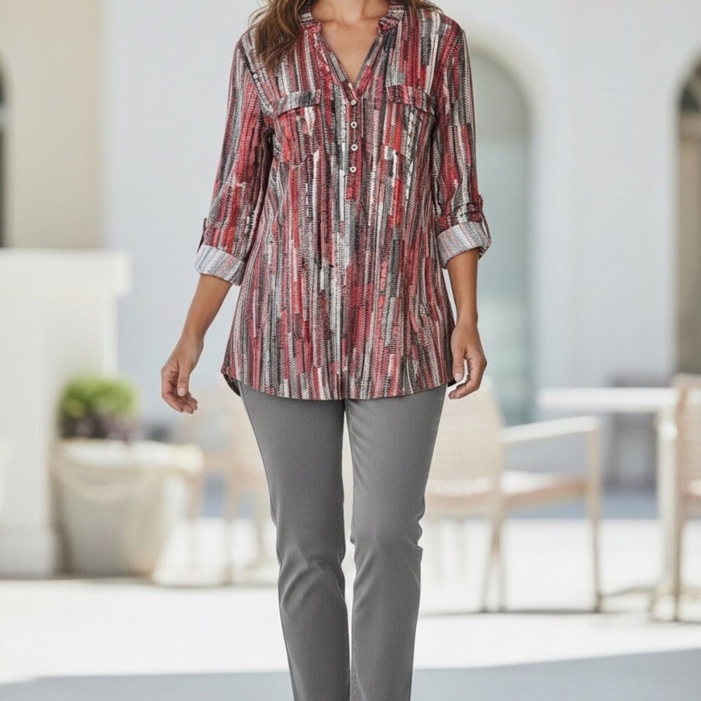 Ava & Grace Blouse Womens Size M Red, Gray, Black, White Striped Tunic V-Neck